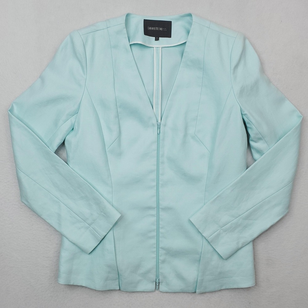 Lafayette 148 New York Blazer Womens 8 Blue Linen Tailored Zip Front Work Jacket